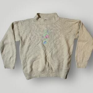 LT Casuals by Liz Thomas Womens Medium Beige Floral Embroidered Knit Sweater W05